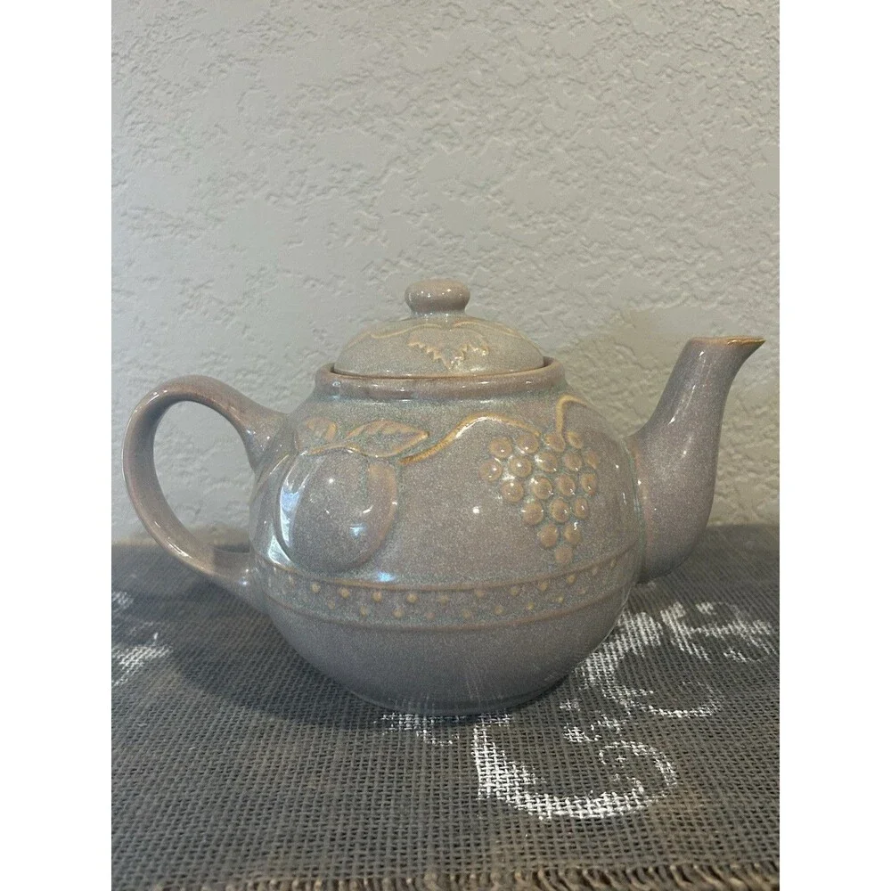 Stoneware Tea Pot Raised Design Fruit